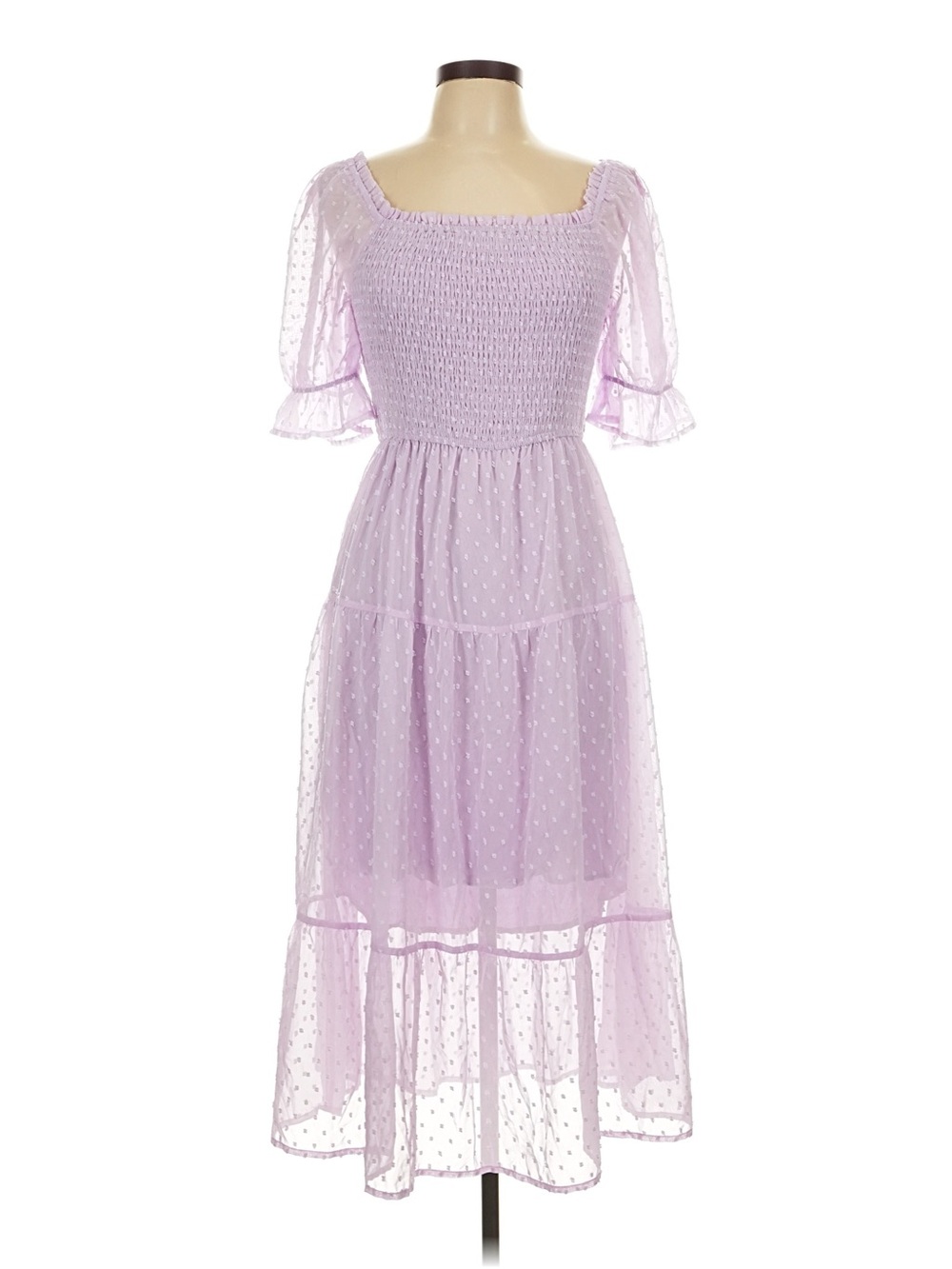 Merokeety Large Lavender Smocked Midi Dress with Puff Sleeves